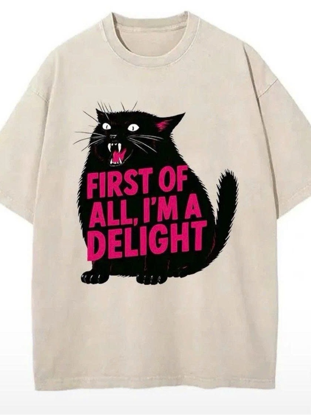 Cream Cat Graphic Tee with Pink Accent - First Of All, I'm A Delight